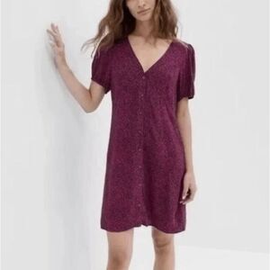 GAP Puff Sleeve Print Mini Dress Button Front‎ Black Pink Shirtdress Size XSP